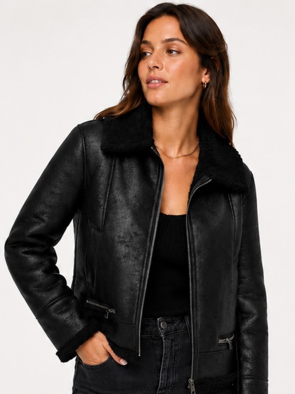 Banana Republic Black Vegan Shearling Aviator Jacket Size M